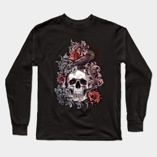 Skull Crow with Roses and Filigree Long Sleeve T-Shirt